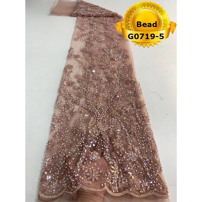 Nigerian Lace Fabric Peach Color 2022 Embroidery African French Tulle Lace With Sequins and Beads