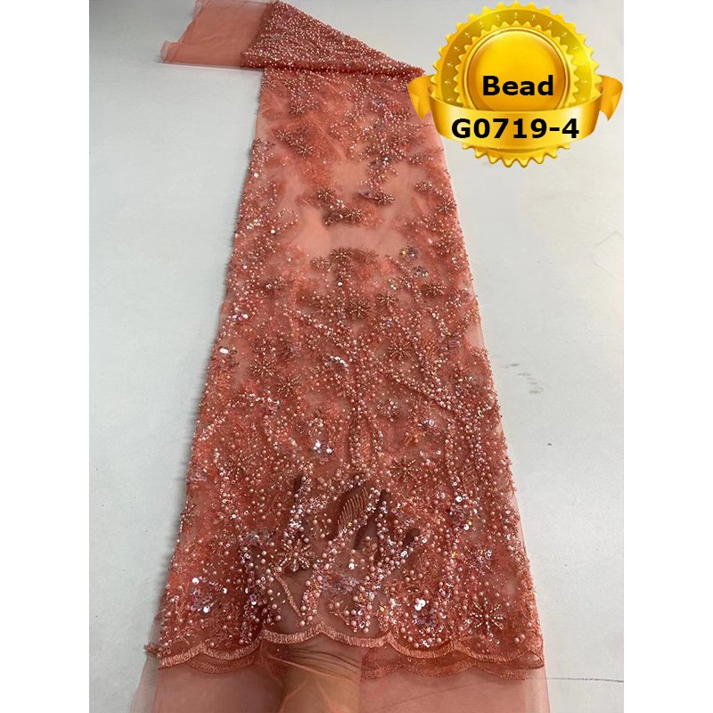Nigerian Lace Fabric Peach Color 2022 Embroidery African French Tulle Lace With Sequins and Beads