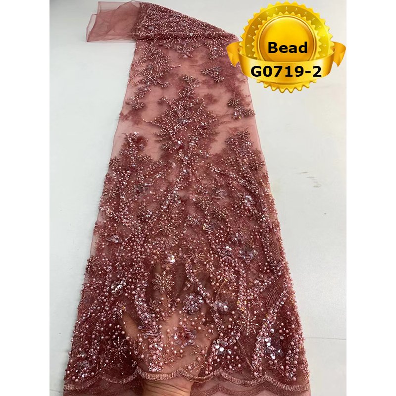 Nigerian Lace Fabric Peach Color 2022 Embroidery African French Tulle Lace With Sequins and Beads
