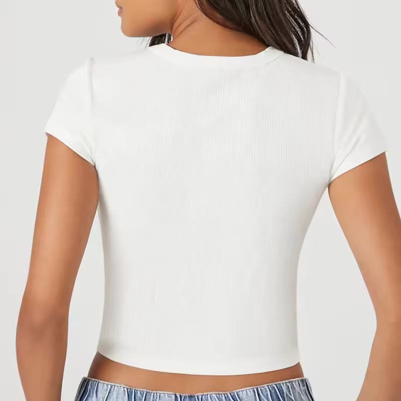 Custom Crop Top O-Neck T Shirt Ribbed Knitted White Cotton Tshirt For Women