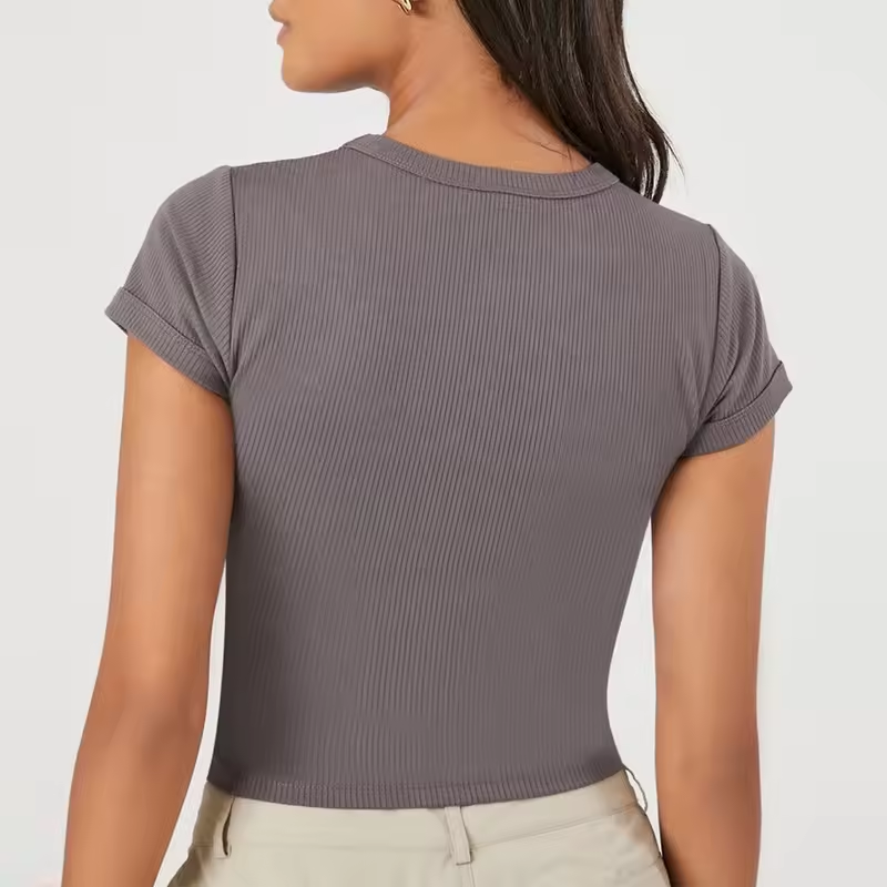 Custom Crop Top O-Neck T Shirt Ribbed Knitted White Cotton Tshirt For Women