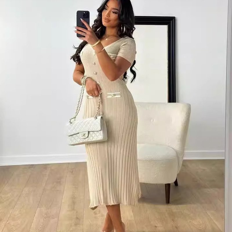 2024 Summer Fashion Long Slim Fit Knitted Dresses for Ladies Button Decorated Sweater Dress U neck Short sleeves Women Outfits