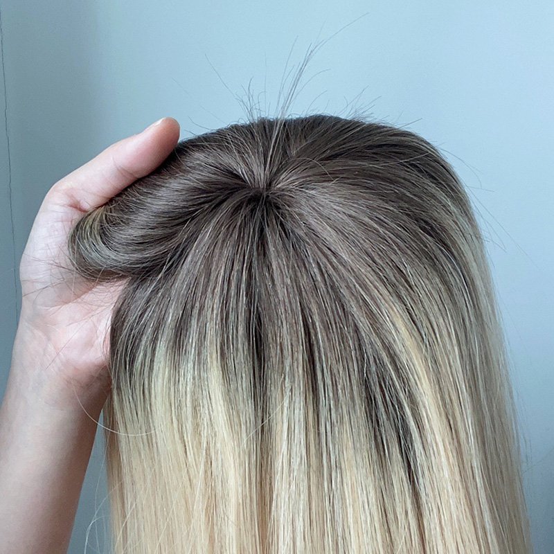 High quality virgin human hair 5x6 16 inch 1b color 140% density full hand made pu around lace base mono Topper hair for women