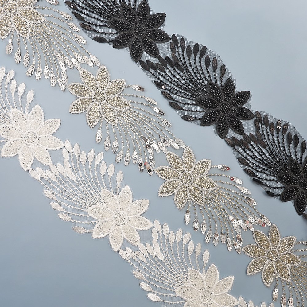 Handmade Shiny Diamond lace ribbon leaves beads Sequins bar code tulle mesh lace trim for ethnic clothing decoration