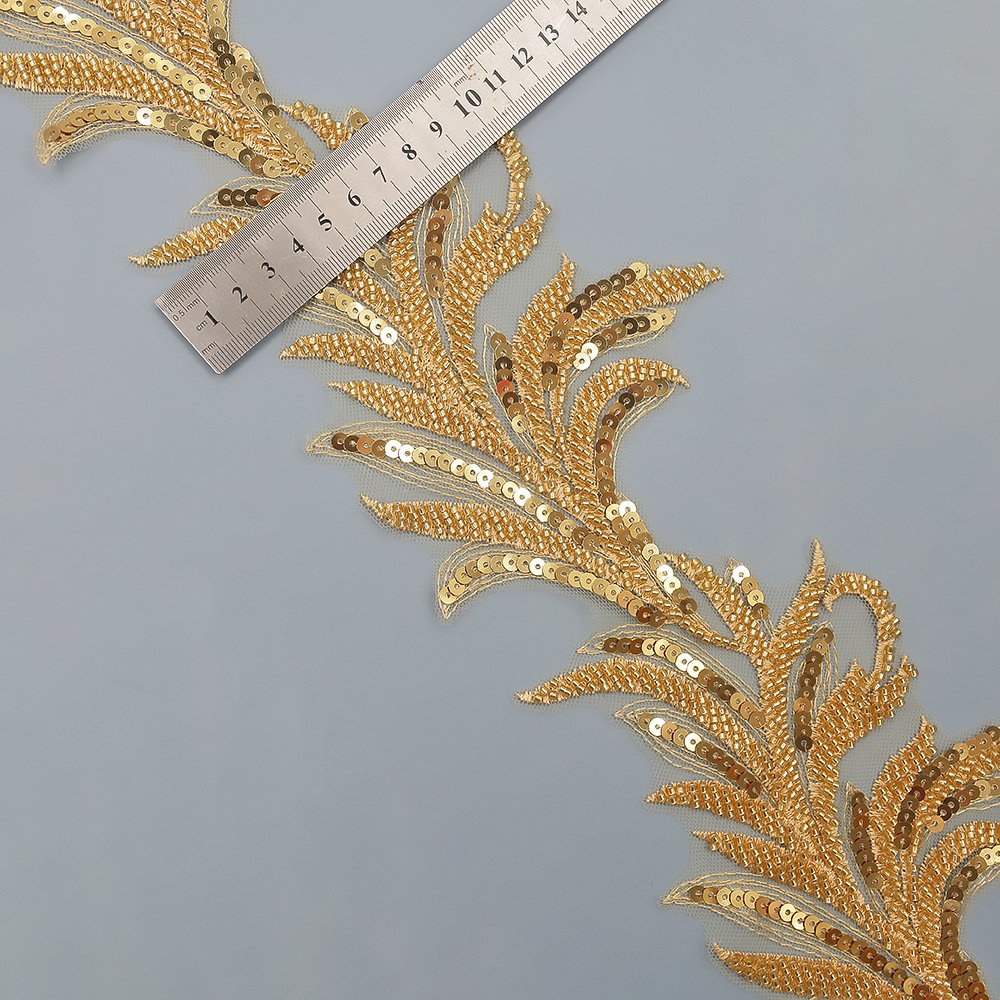 Handmade Shiny Diamond lace ribbon leaves beads Sequins bar code tulle mesh lace trim for ethnic clothing decoration