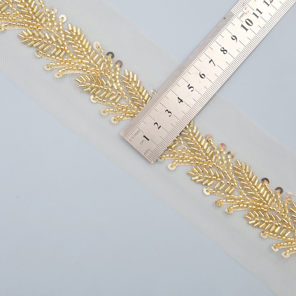Handmade Shiny Diamond lace ribbon leaves beads Sequins bar code tulle mesh lace trim for ethnic clothing decoration