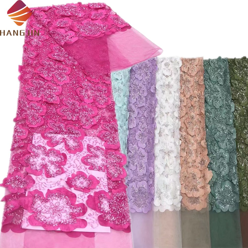 New Design 3D Flower Lace Fabrics African Embroidery Beaded Lace Fabric Bridal Laces With Beads For Wedding Dress