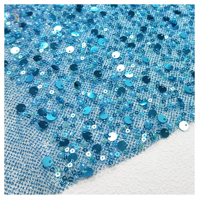 Royal Blue Sparke Glitter Sequins Lace Fabric Mesh Embroidery Beaded Pearl Lace Fabric for Wedding Gown