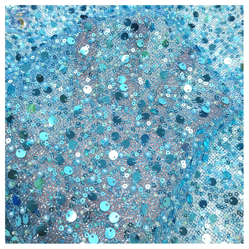 Royal Blue Sparke Glitter Sequins Lace Fabric Mesh Embroidery Beaded Pearl Lace Fabric for Wedding Gown