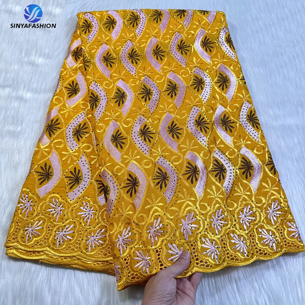 Sinya African Swiss Dry Lace Fabric Embroidery Stones Polish Men Women High Quality Swiss Voile Lace In Switzerland 100% Cotton