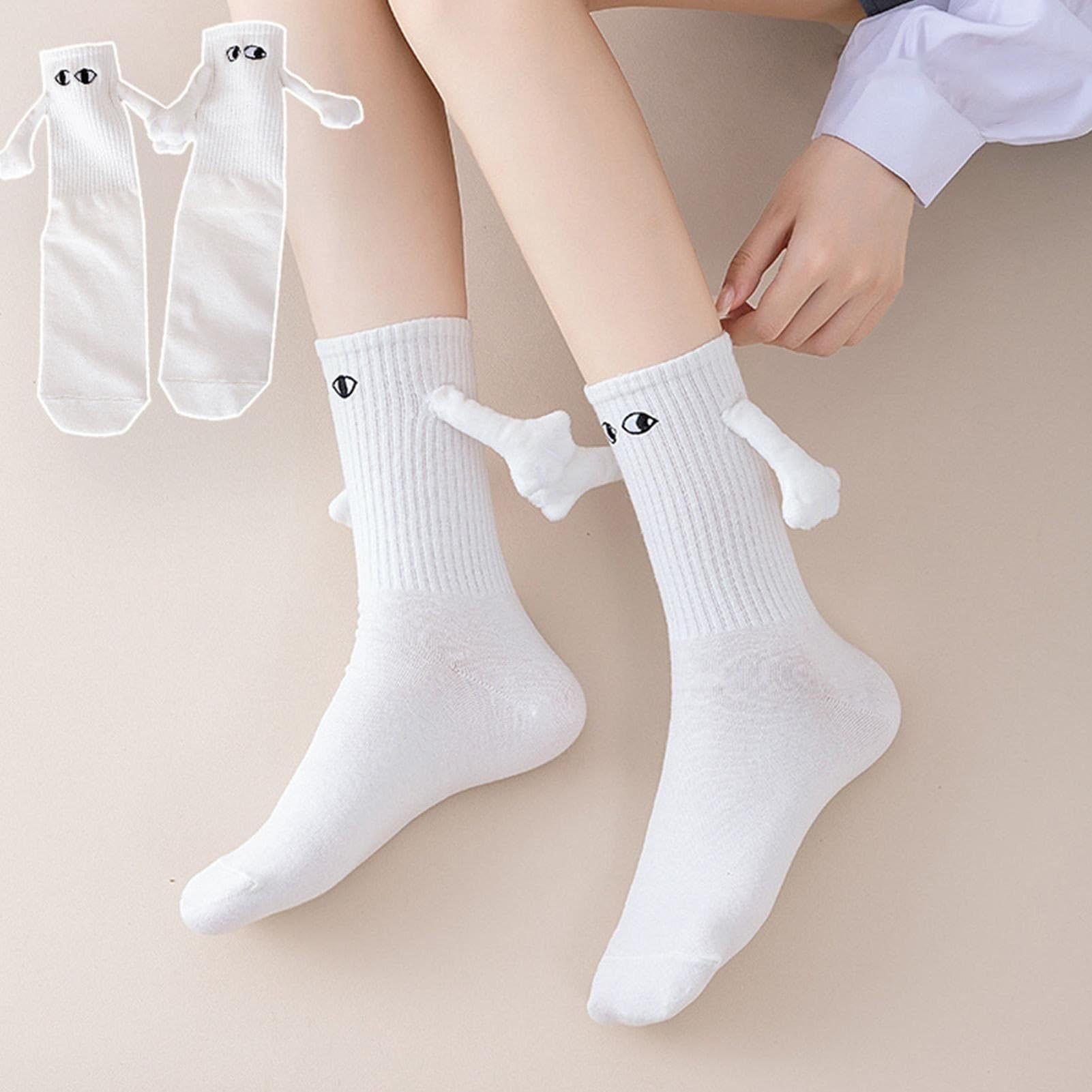 Funny black white solid color ribbed eye embroidery magnetic couple hold hands socks