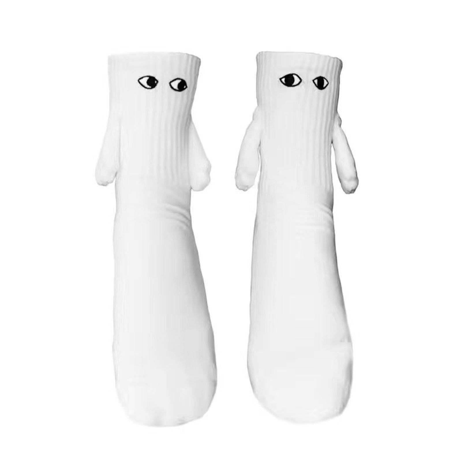 Funny black white solid color ribbed eye embroidery magnetic couple hold hands socks