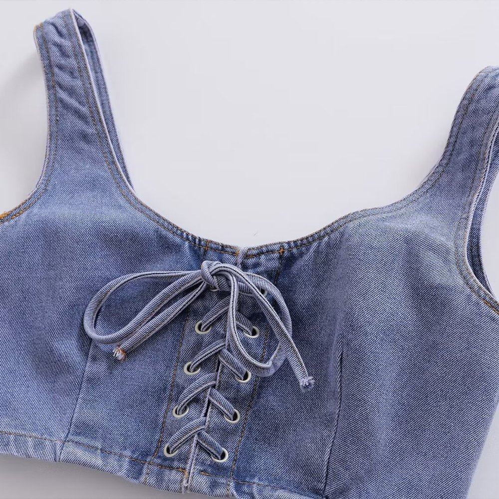 PB&ZA Women 2024 summer New Chic Fashion Lace up denim Tank Tops Vintage Backless Female Camis Chic Tops