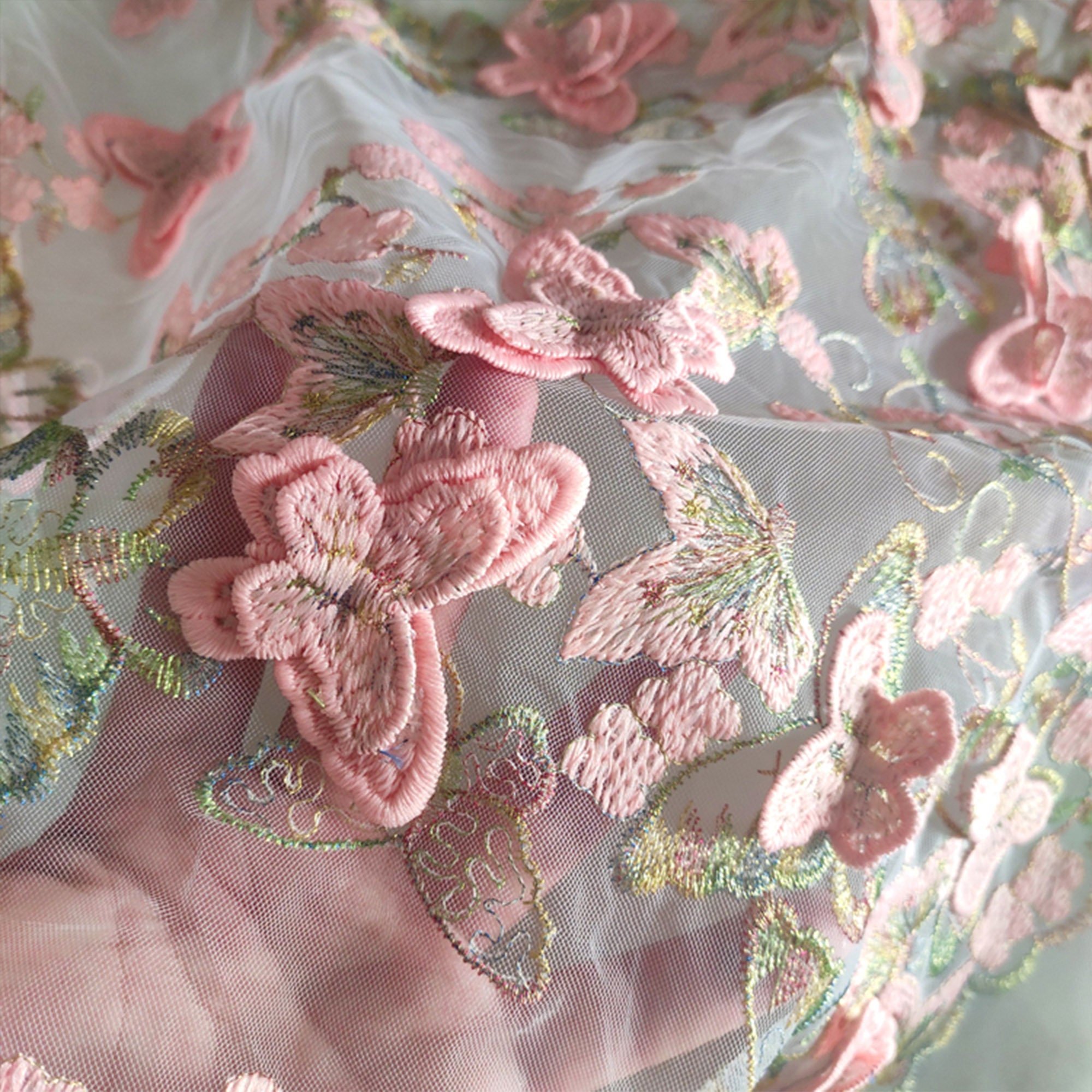 Custom Golden Supplier Lace Peach pink 3D Butterfly Flower Exquisite Embroidery Soft Fancy Embroidery Fabric
