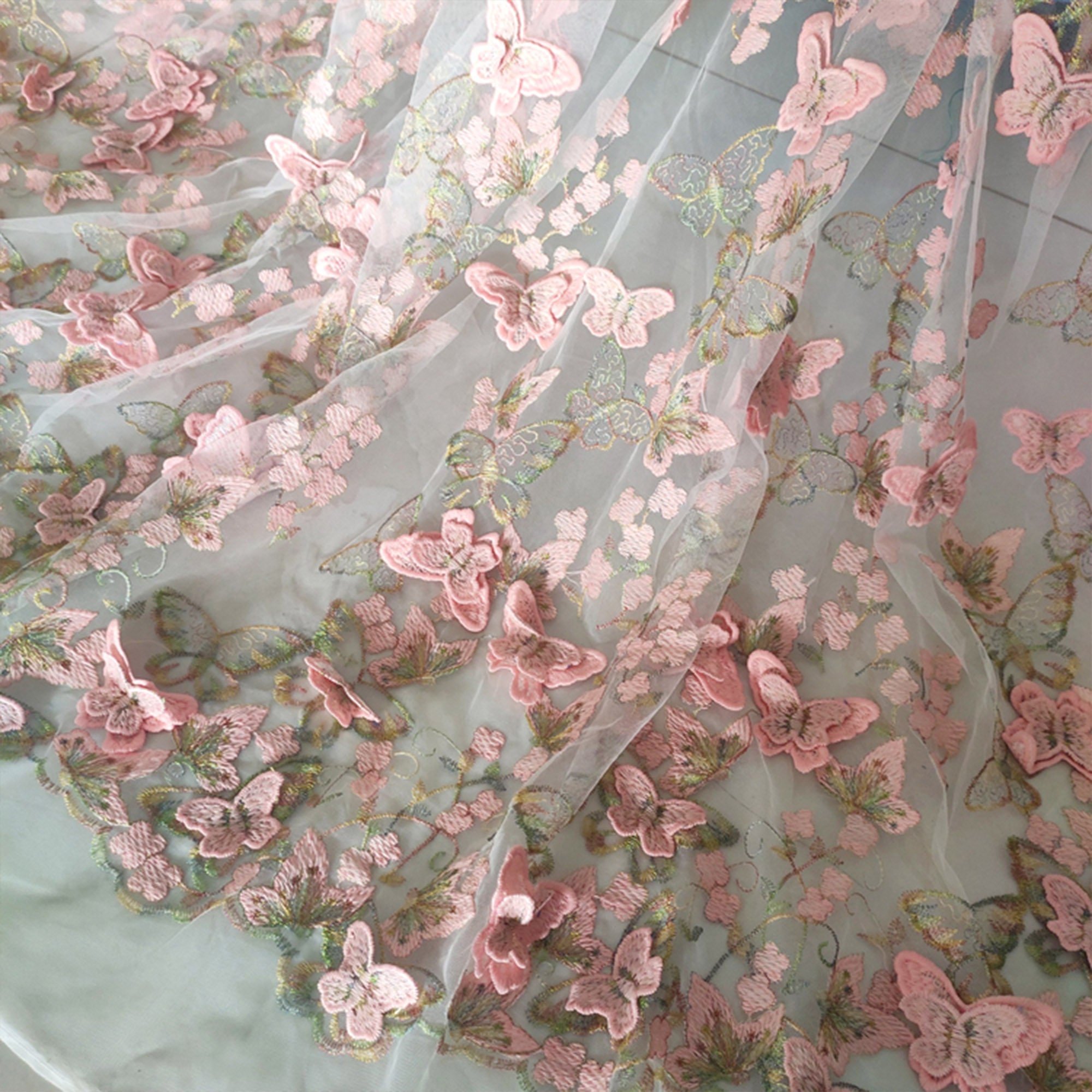 Custom Golden Supplier Lace Peach pink 3D Butterfly Flower Exquisite Embroidery Soft Fancy Embroidery Fabric