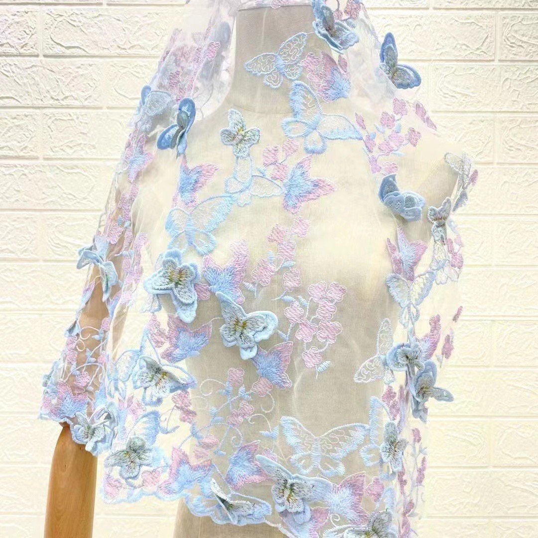 Custom Golden Supplier Lace Peach pink 3D Butterfly Flower Exquisite Embroidery Soft Fancy Embroidery Fabric