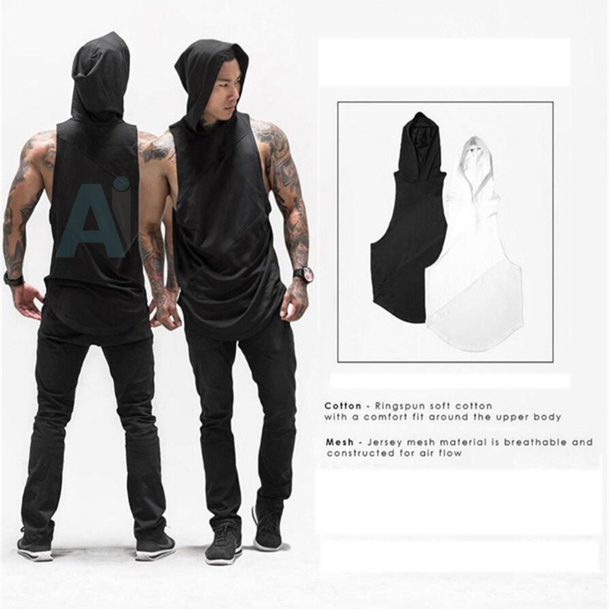 Custom Logo 100% Cotton with Mesh Hooded Gym Singlets Mens GYM Tank Top Sports Clothes Stringer Bodybuilding Fitness