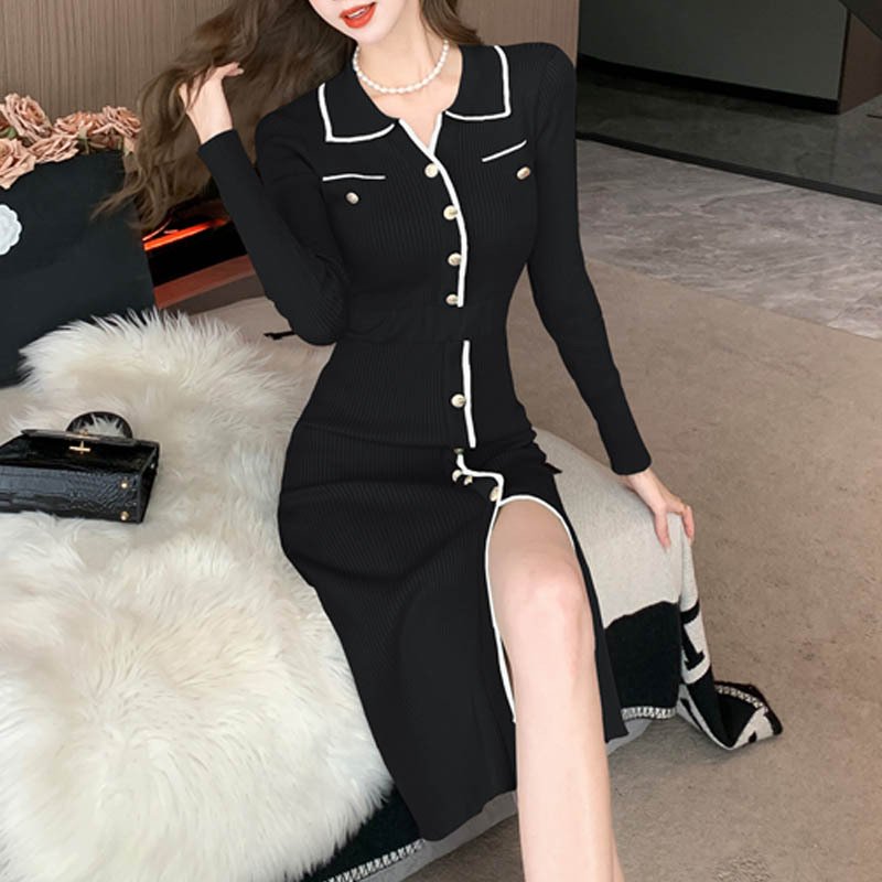 Tossy Ruffled Fashion Knit Dress Women Autumn Ribbed Contrast Long Sleeve High Waist Lapel Gown Dress Knitwear Ladies Maxi Dress