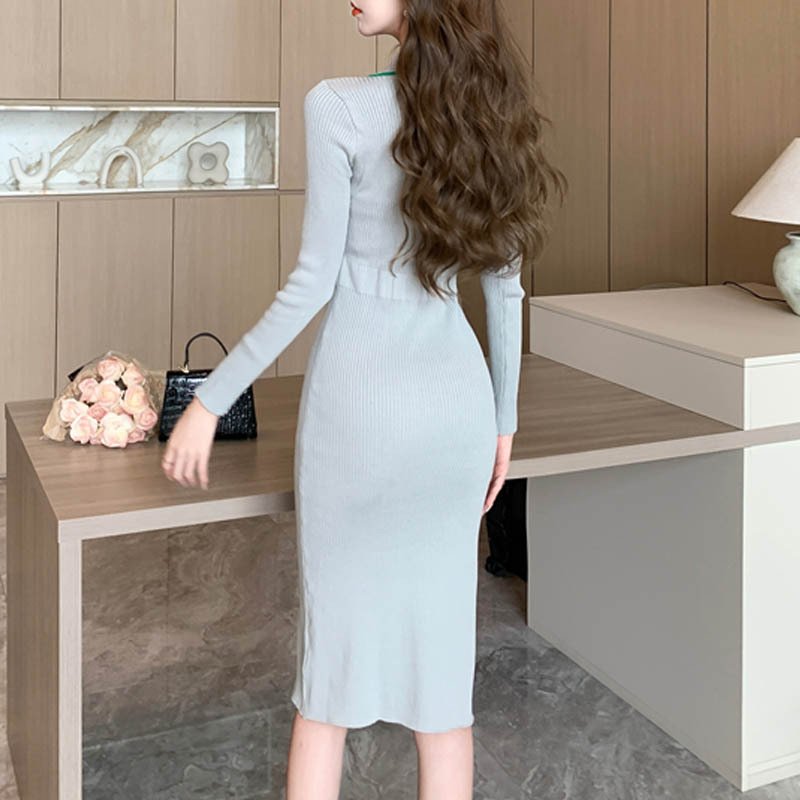 Tossy Ruffled Fashion Knit Dress Women Autumn Ribbed Contrast Long Sleeve High Waist Lapel Gown Dress Knitwear Ladies Maxi Dress