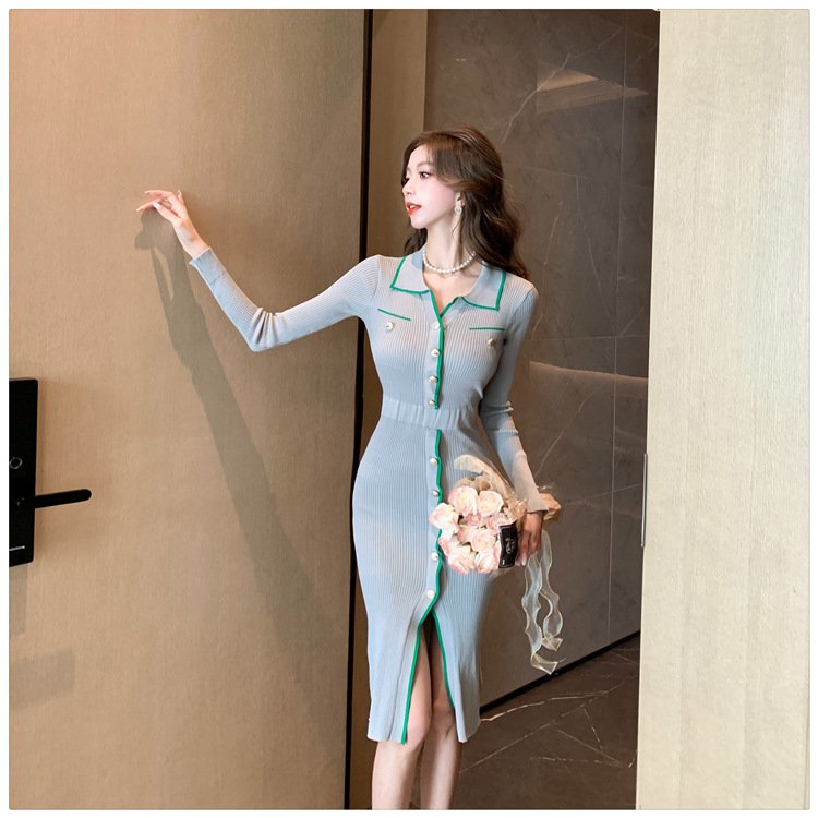 Tossy Ruffled Fashion Knit Dress Women Autumn Ribbed Contrast Long Sleeve High Waist Lapel Gown Dress Knitwear Ladies Maxi Dress