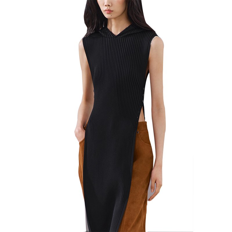 Unique Design Custom OEM Casual Knitted Ribbed Tunic Dresses Quality sleeveless Wrapped Hip Side Slit Long Dress With Hood
