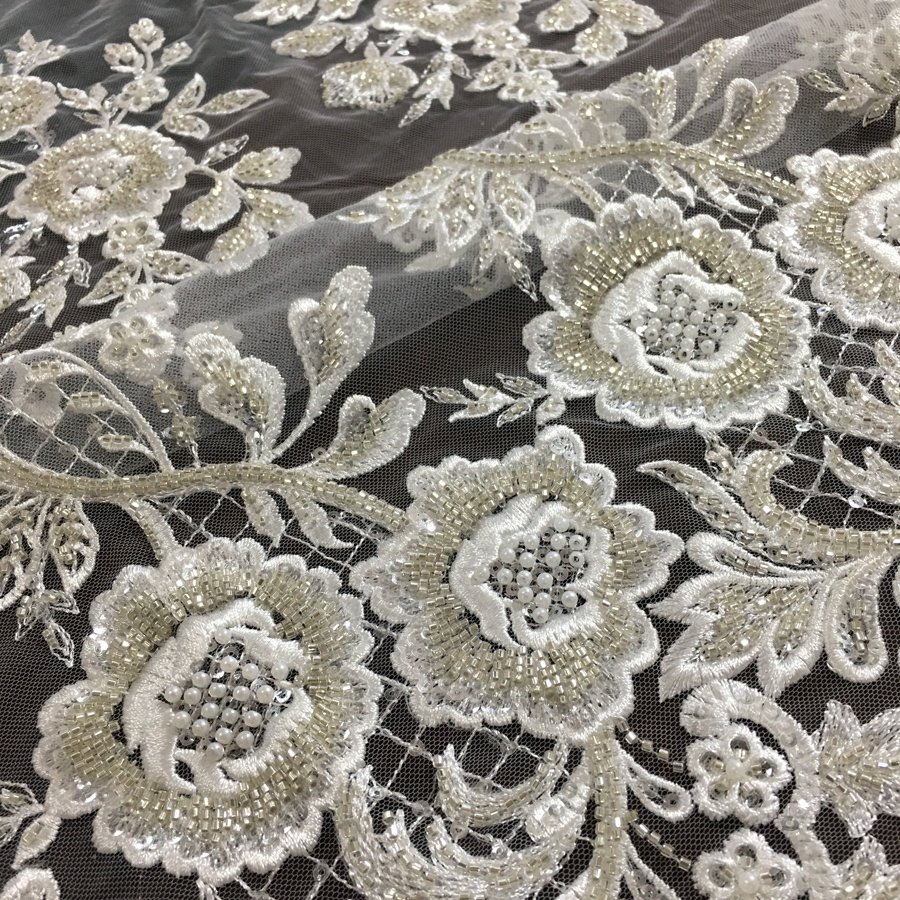 high quality new design bridal lace fabric/very heavy machine beaded embroidery wedding lace fabric for dresses