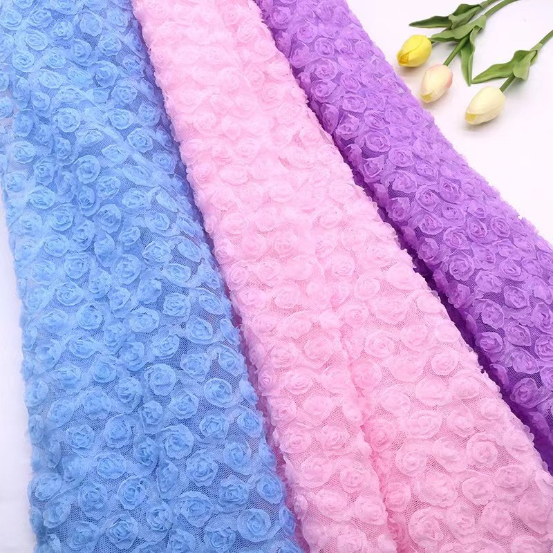 2024 Manufacture 3D 14mm Embroidery Chiffon Ribbon Rosette Fabric Overlay Rose Flower Tulle Embroidery Fabric For Tablecloths