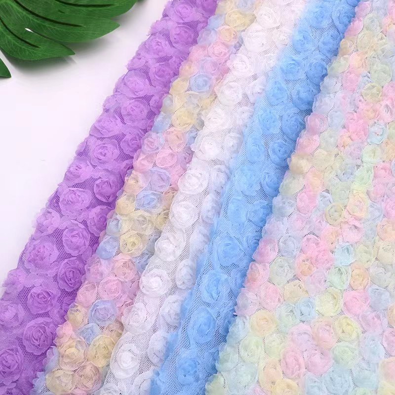 2024 Manufacture 3D 14mm Embroidery Chiffon Ribbon Rosette Fabric Overlay Rose Flower Tulle Embroidery Fabric For Tablecloths