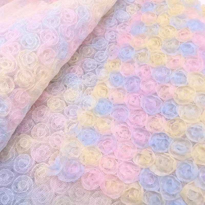 2024 Manufacture 3D 14mm Embroidery Chiffon Ribbon Rosette Fabric Overlay Rose Flower Tulle Embroidery Fabric For Tablecloths
