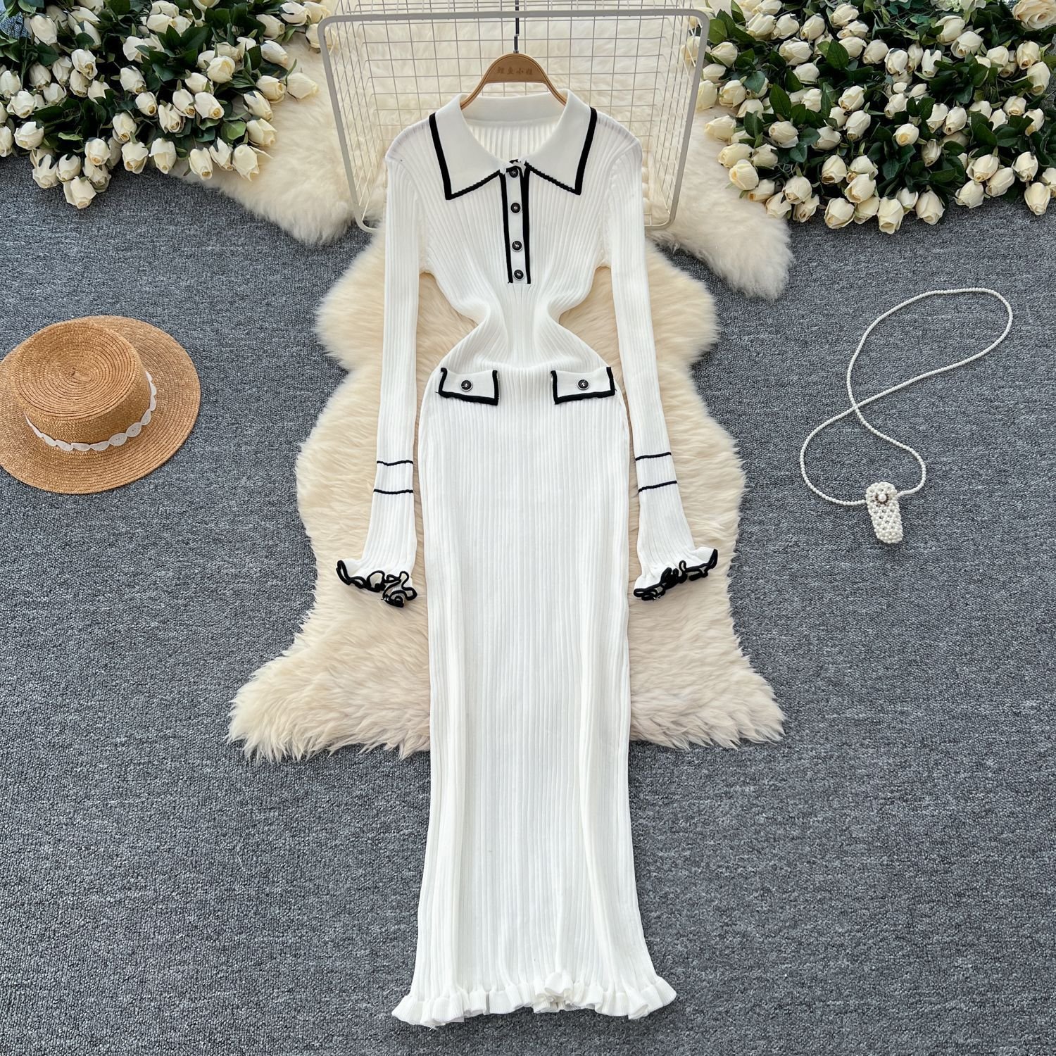 Button Lapel Maxi Dress for Women Floral Print Slim Fit Long Sleeve Sweater with Turn-Down Collar Ribbed Ruffles Elegant