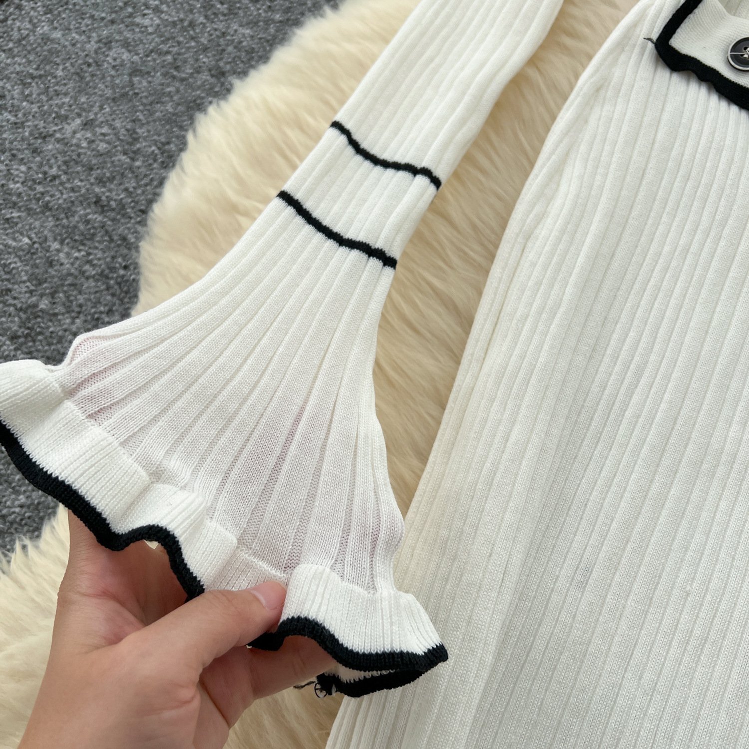 Button Lapel Maxi Dress for Women Floral Print Slim Fit Long Sleeve Sweater with Turn-Down Collar Ribbed Ruffles Elegant