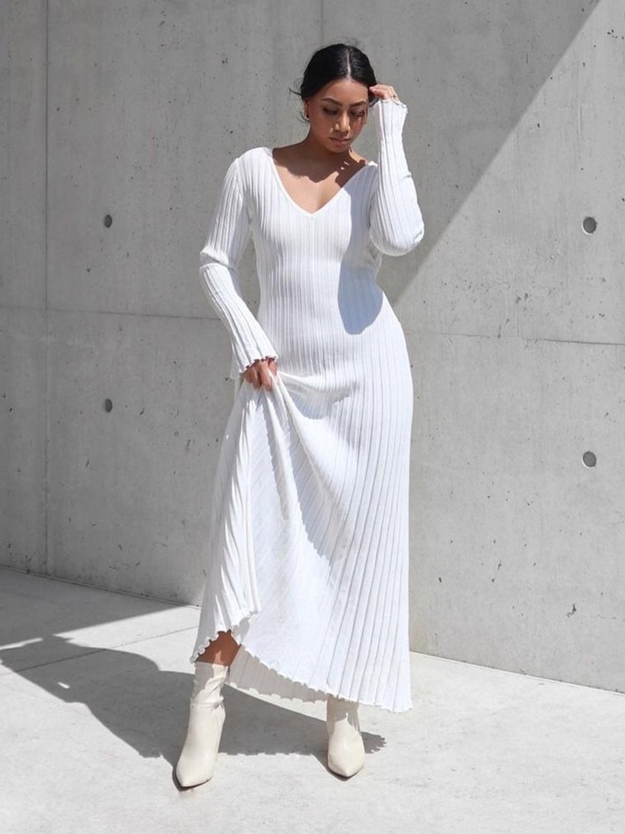 High Quality Custom Ribbed Flare Long Sleeve Round Collar Back Lace Up Knitted Dresses Women Pullover Casual Maxi Dress