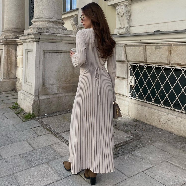 High Quality Custom Ribbed Flare Long Sleeve Round Collar Back Lace Up Knitted Dresses Women Pullover Casual Maxi Dress