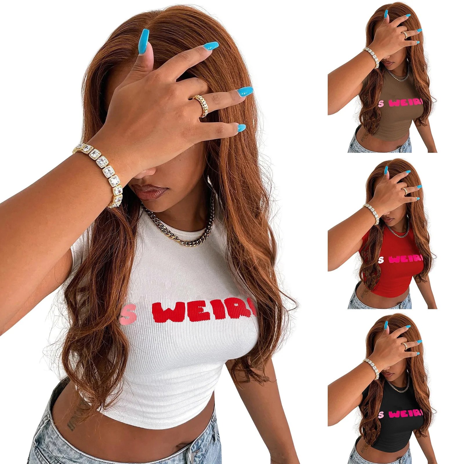 KY New Design Woman Robbed Skinny GRAPHIC TEE Basic Crop Top Tshirt Women