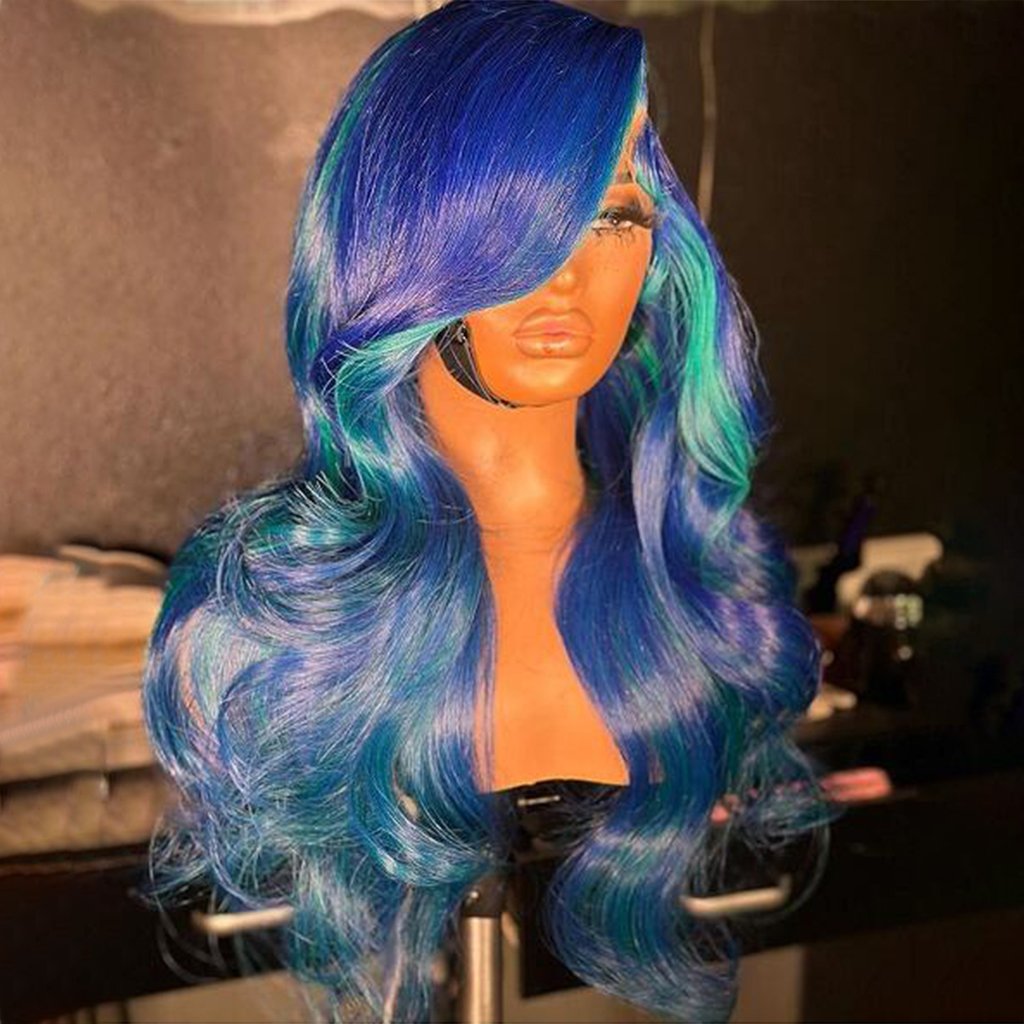 Factory Brazilian Blue Colored Body Wave Wigs Human Hair Lace Front Pre Plucked HD Transparent Lace Human Hair Wigs For Women