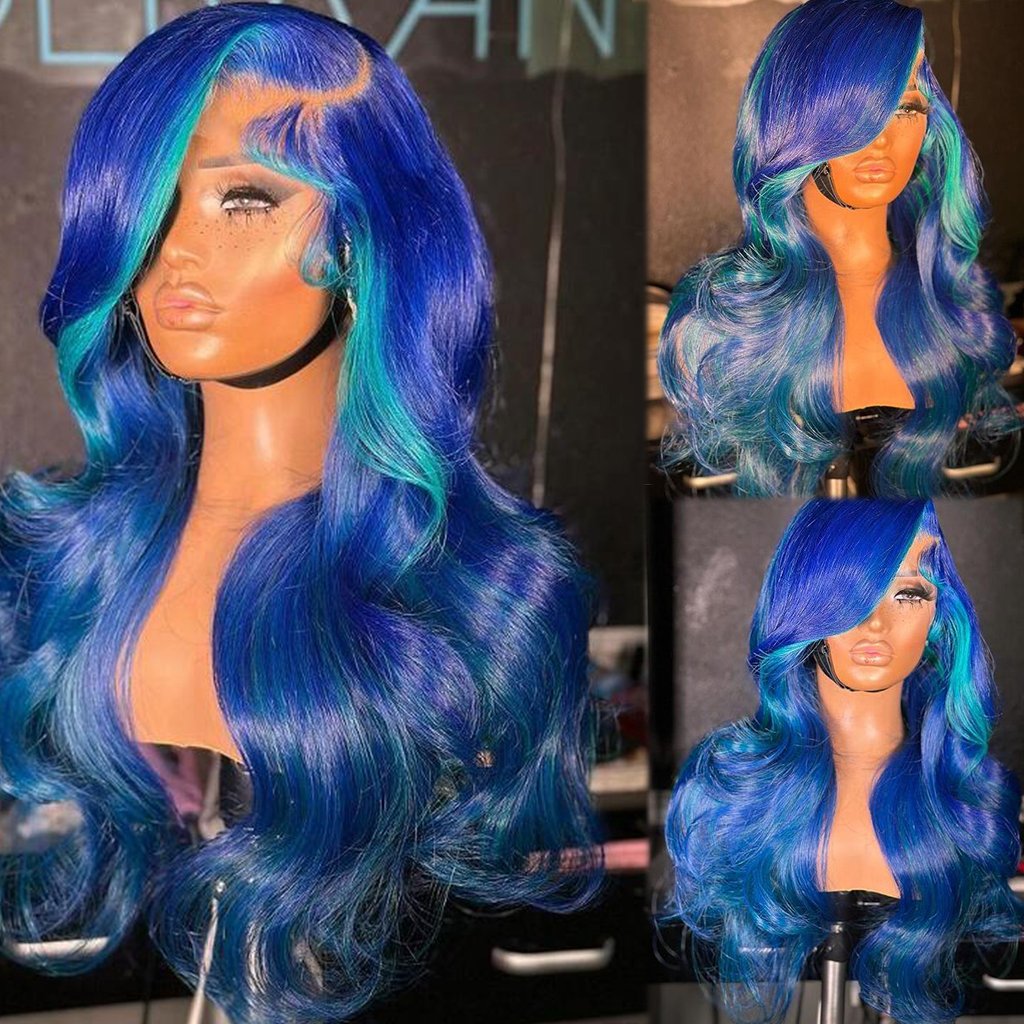 Factory Brazilian Blue Colored Body Wave Wigs Human Hair Lace Front Pre Plucked HD Transparent Lace Human Hair Wigs For Women
