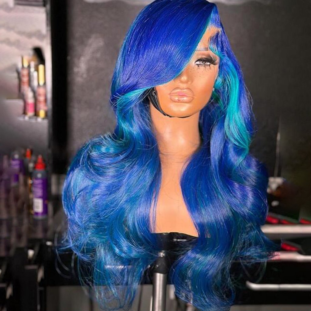 Factory Brazilian Blue Colored Body Wave Wigs Human Hair Lace Front Pre Plucked HD Transparent Lace Human Hair Wigs For Women