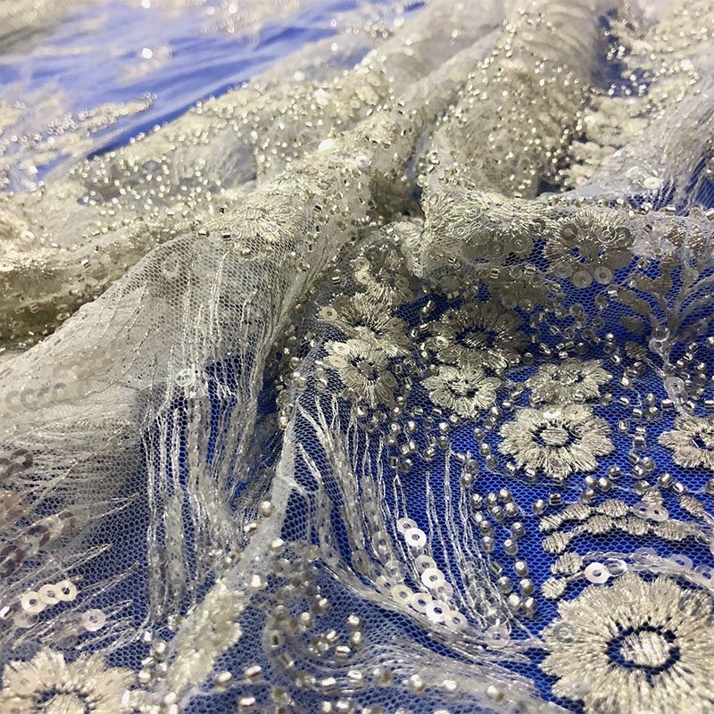 Elegant Flower Wedding Embroidered Bridal Tulle White Sequined Lace Fabric