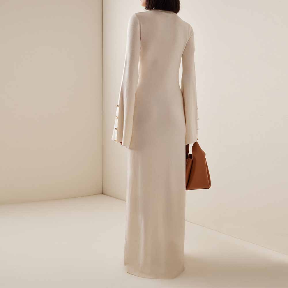 Knitwear Manufacturer Custom Autumn turn-down collar long sleeved button knit women's sweater dress Button-Detailed Maxi Dress
