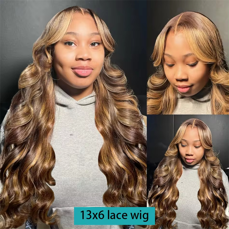 Highlight Ombre Body Wave 13x4 Transparent Lace Front Wig,4/27 Ombre Colored Loose 13x6 HD Lace Frontal Human Hair Remy Wigs