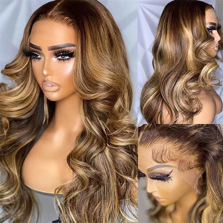 Highlight Ombre Body Wave 13x4 Transparent Lace Front Wig,4/27 Ombre Colored Loose 13x6 HD Lace Frontal Human Hair Remy Wigs