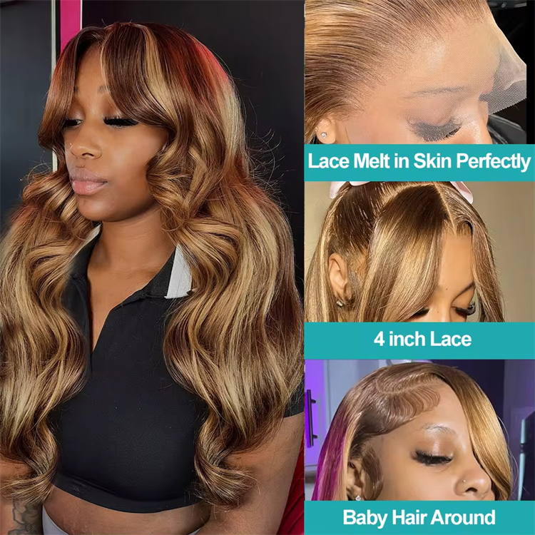 Highlight Ombre Body Wave 13x4 Transparent Lace Front Wig,4/27 Ombre Colored Loose 13x6 HD Lace Frontal Human Hair Remy Wigs