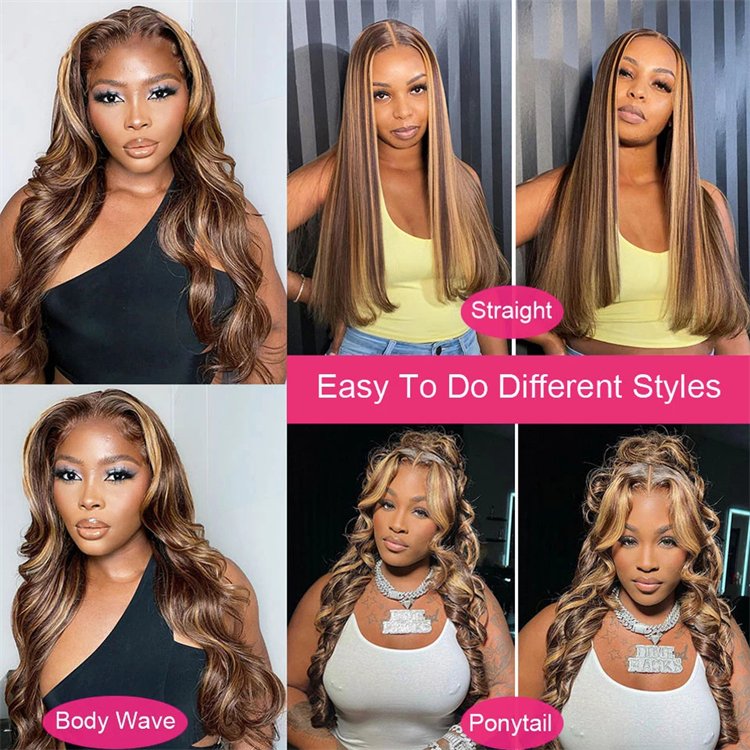 Highlight Ombre Body Wave 13x4 Transparent Lace Front Wig,4/27 Ombre Colored Loose 13x6 HD Lace Frontal Human Hair Remy Wigs