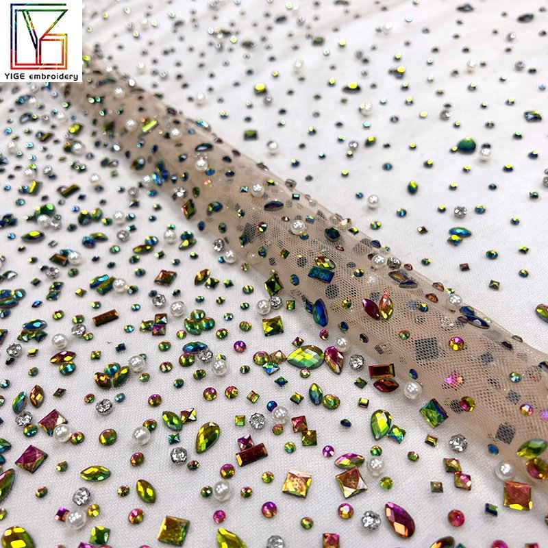 High quality crystal pearl fabric for wedding dress Rhinestone Net Mesh fabric Lace Bridal Crystal Lace Fabric