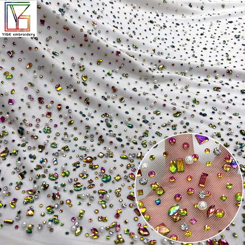 High quality crystal pearl fabric for wedding dress Rhinestone Net Mesh fabric Lace Bridal Crystal Lace Fabric