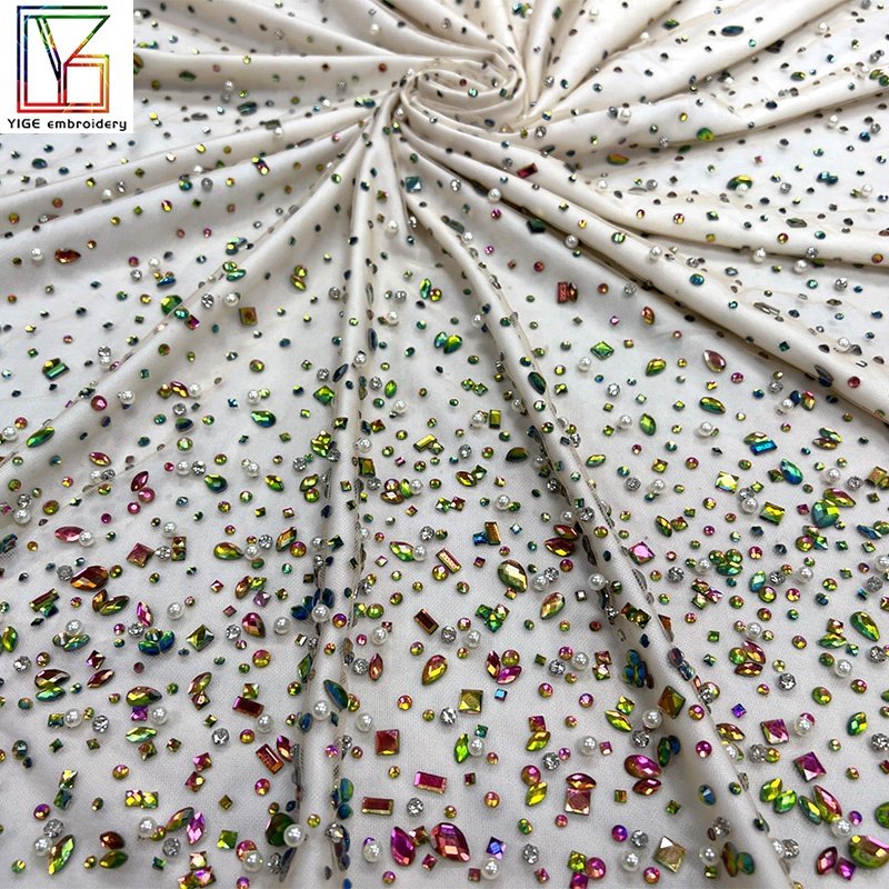 High quality crystal pearl fabric for wedding dress Rhinestone Net Mesh fabric Lace Bridal Crystal Lace Fabric