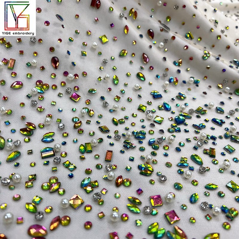 High quality crystal pearl fabric for wedding dress Rhinestone Net Mesh fabric Lace Bridal Crystal Lace Fabric