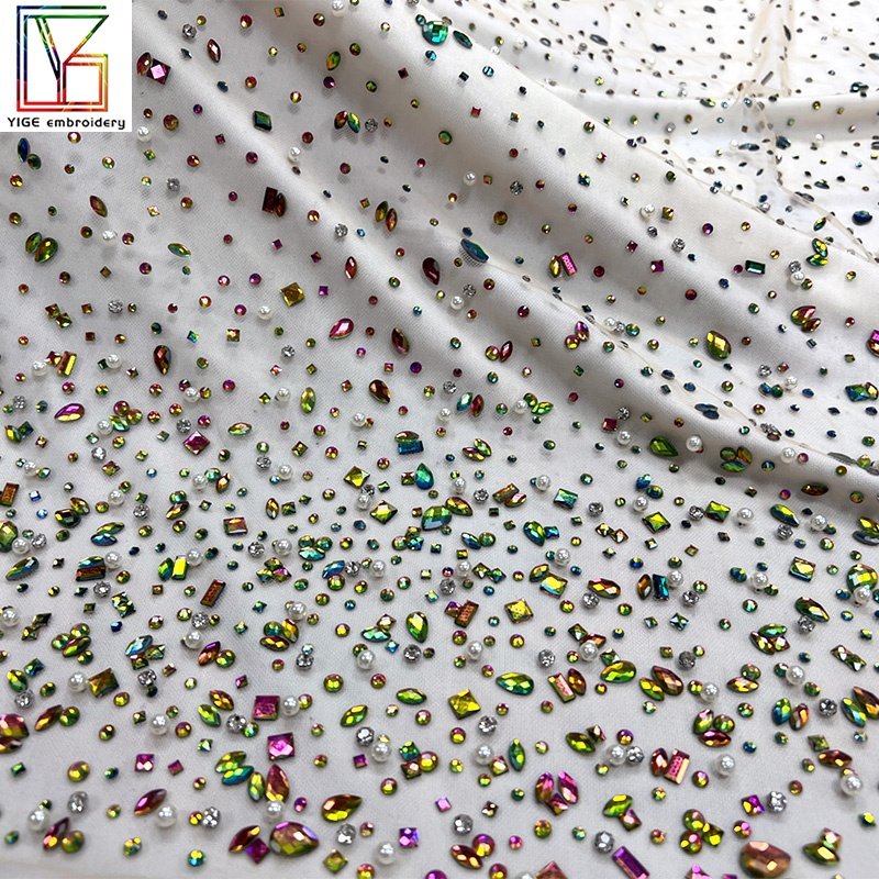 High quality crystal pearl fabric for wedding dress Rhinestone Net Mesh fabric Lace Bridal Crystal Lace Fabric
