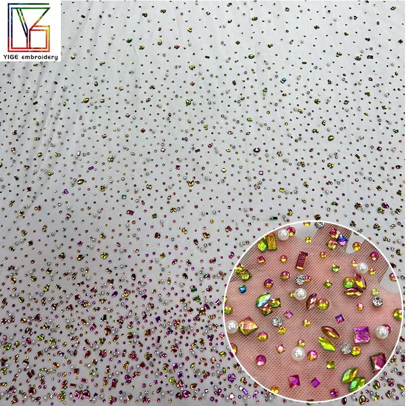 High quality crystal pearl fabric for wedding dress Rhinestone Net Mesh fabric Lace Bridal Crystal Lace Fabric