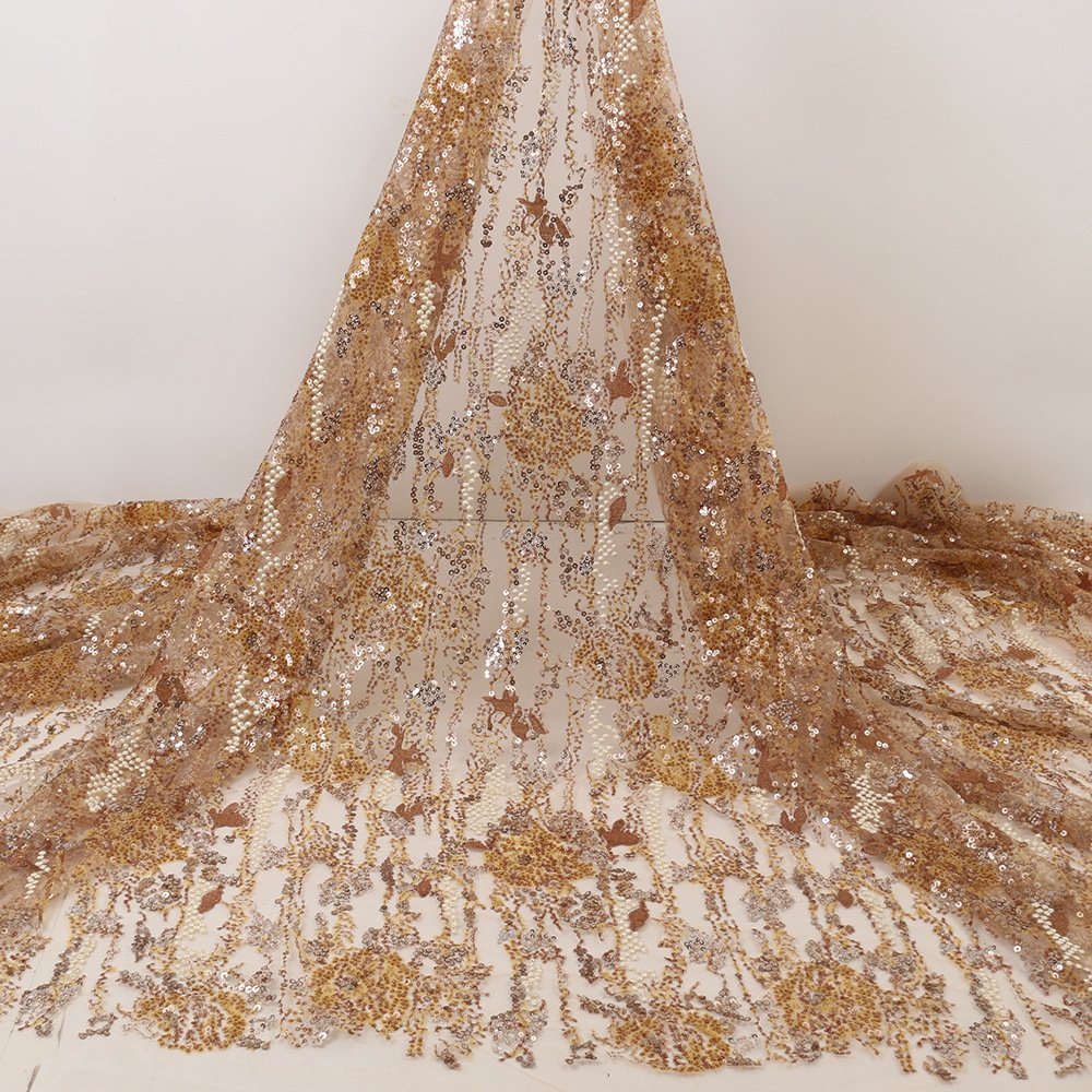 Hot Selling 3D Bead Tube Tulle Polyester Printed Evening Wedding Dress Party Lace Sequins Embroidery Fabrics